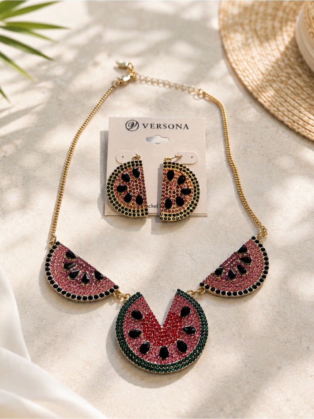 Versona Watermelon Rhinestone Statement Necklace & Earrings Set Gold Tone